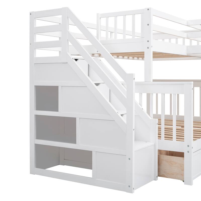 L-Shaped Bunk Bed, Twin-Twin Over Full Wood Bed with Wardrobe, Foldable Desk, Drawers and Shelves