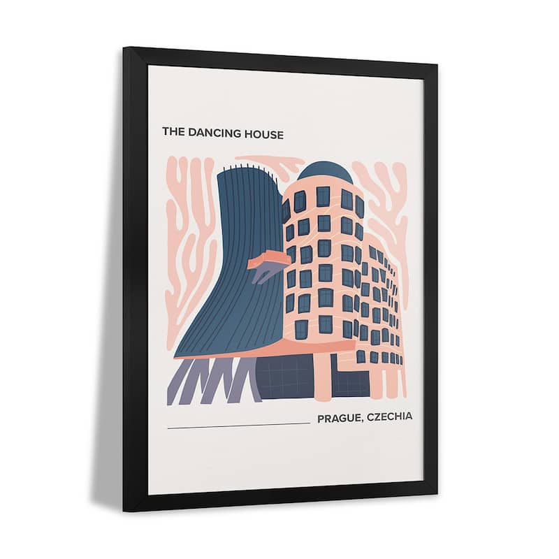 The Dancing House - Prague, Czechia, Warm Colours Illustration Travel Poster Premium Framed Poster by Mambo Art Studio