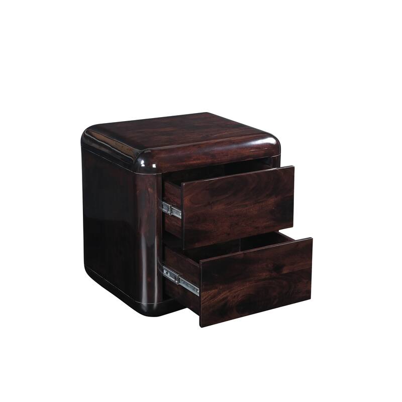 NADAAL STUDIOS Elaria Nightstand, Boxy High Gloss Acacia Body with Rounded Corners Push-to-Open Drawers, Dark Brown