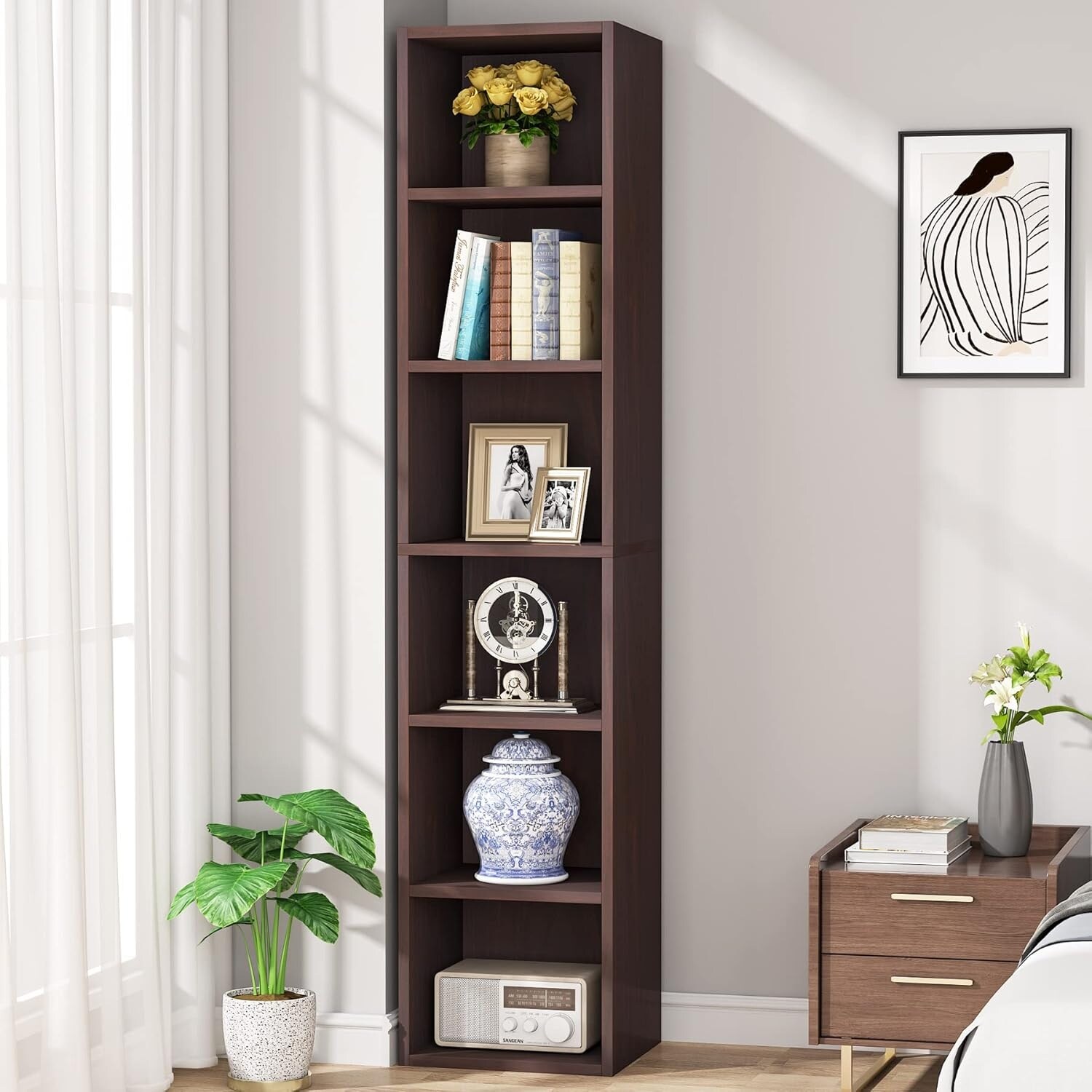 thumbnail image 2 of 70.9 Inch Tall Narrow Bookcase - 6 Tier Corner Storage Cabinet For Small Spaces (30x24x180 Cm, Free Standing) 2 of 3