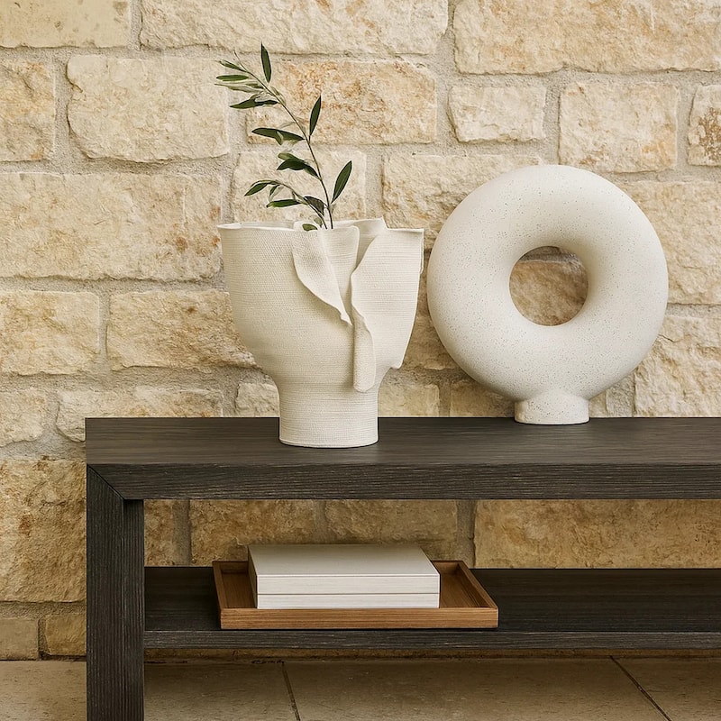 Tio Modern Vessel Vase, Flowing Petal Folds, White Porcelain 13 Inch