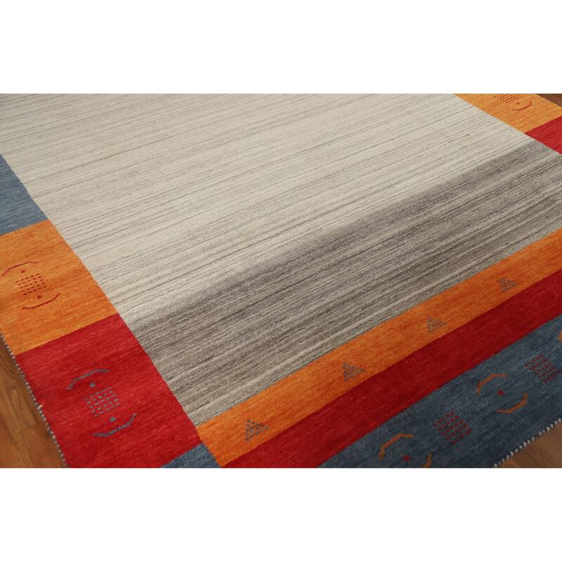 Hand Knotted Oriental 100% Wool Carpet Tribal Bordered Beige & Ivories Gabbeh Area Rug - 9' 9'' X 6' 8''
