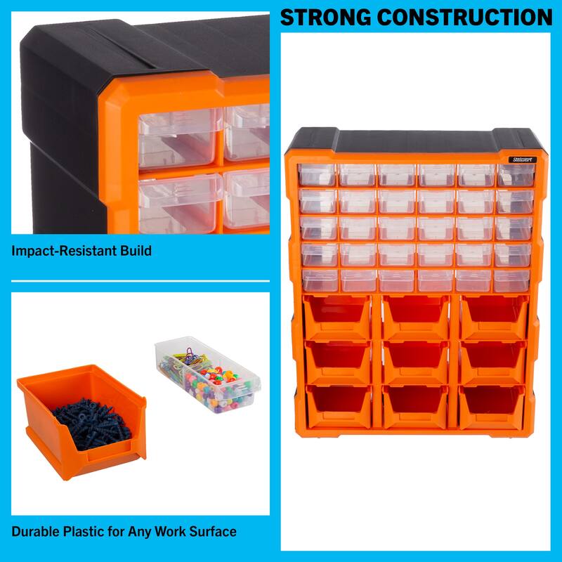 Plastic Storage Drawers - 39-Drawer Screw Organizer - Craft Cabinet for Storing Hardware, Beads, Toys by Stalwart (Black)