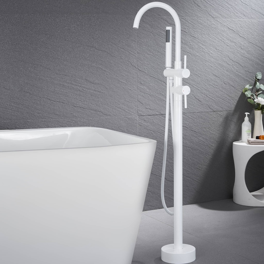 Freestanding Tub Faucet With Hand Shower Bathroom Floor Mount Tub Filler White Double Handle Bathtub Faucets Trim With Sprayer