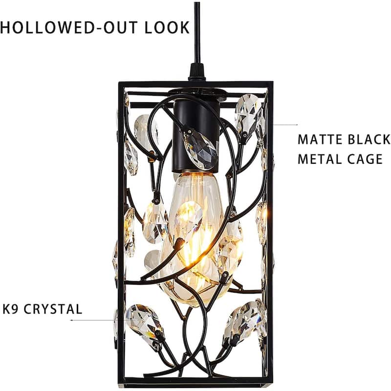 Vintage mini crystal pendant light industrial cage rectangular pendant lighting fixture matte black hanging lamp