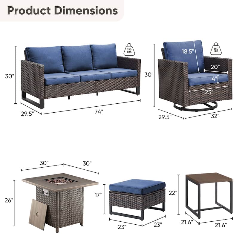7 Pieces Fire Pit Table with Sofa Swivel Chair Ottoman Set
