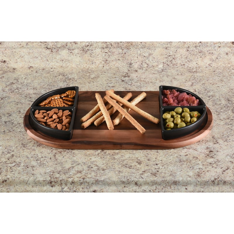 Charcuterie/ Serving Tray w/ 4 black triangular ceramic bowls ]