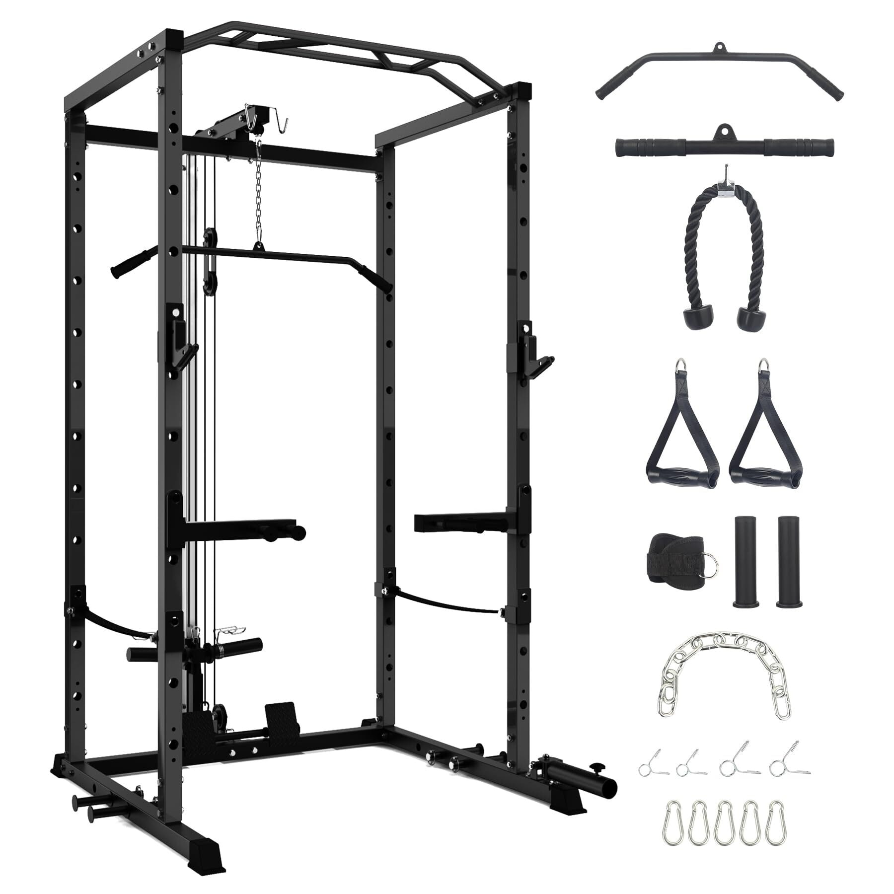 Power Cage with LAT Pulldown, Multi-Functional Power Rack with Cable Pulley System and J-Hooks