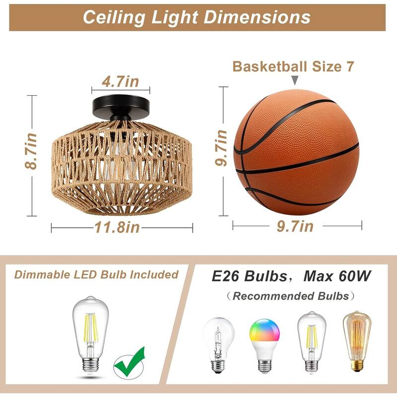 Light Fixtures Ceiling Mount,Rattan Semi Flush Mount Ceiling Light,Farmhouse Light Fixtures with Fabric Shades