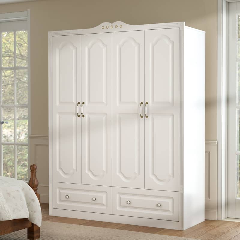White Wardrobe Closet with 2 Drawers - Modern Storage Cabinet