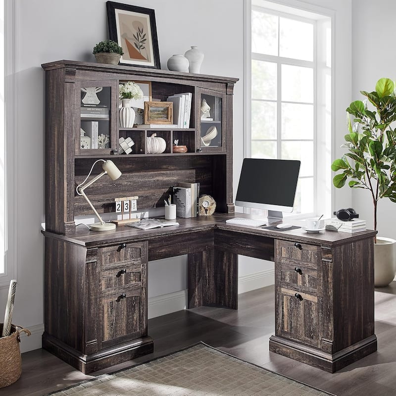 Farmhouse Computer Desk with Hutch, Wood Home Office Desk