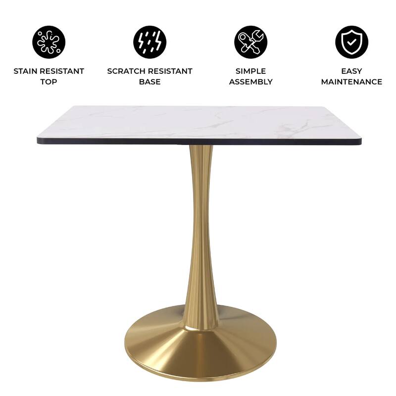 Bristol Square Marbled White MDF Wood Top and Gold Steel Pedestal Base Dining Table for Dining Rooms, Kitchens, and Restaurants