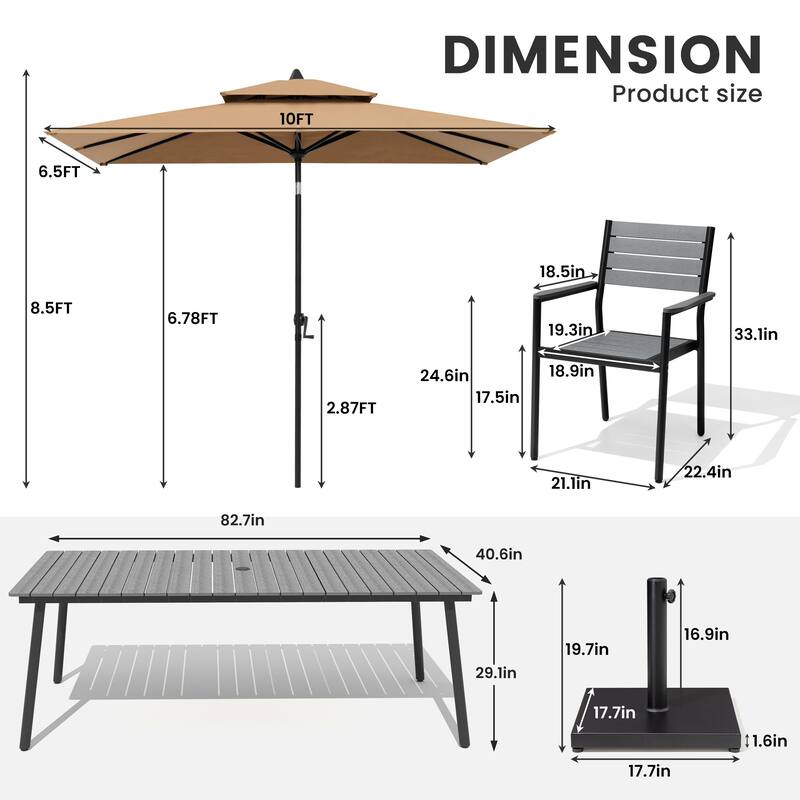 11-Piece Patio Dining Set w/10 ft Umbrella and Base, Rectangle Aluminum Table and 8 Stackable Chairs