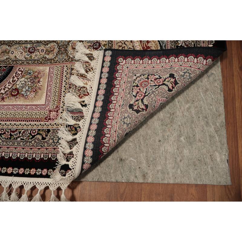 Machine Made Oriental 90% Silk - 10% Polyester Carpet Traditional Medallion Navy Blue & Blues Qum Area Rug - 9' 10'' X 6' 6''