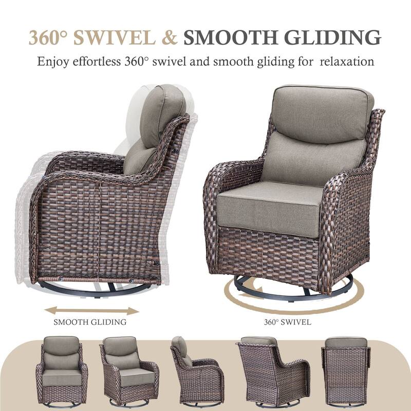 Arcadia 5-Piece Wicker Patio Conversation Set with Swivel Gliders and 6-Inch Thick Olefin Cushions