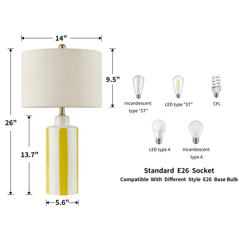 KAWOTI Modern White with Yellow Stripe Ceramic Table Lamp