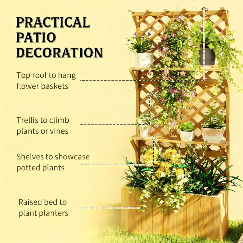 Wooden Multi-Functional Planter Box with Trellis Roof and Shelves