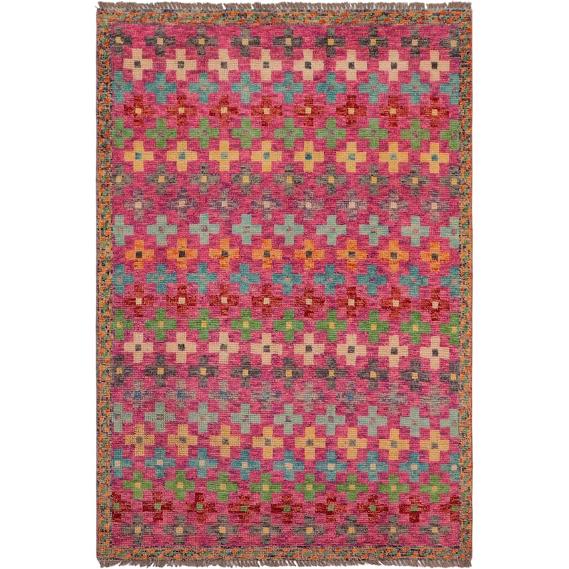 Modern Balochi Espinoza Pink/Orange Hand Knotted Wool Rug - 3'4'' x 4'10''