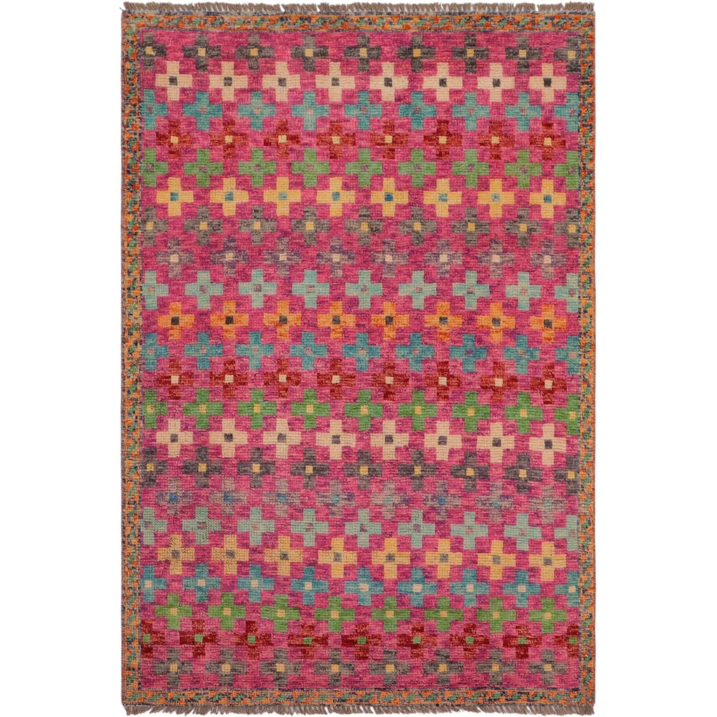 Modern Balochi Espinoza Pink/Orange Hand Knotted Wool Rug - 3'4'' x 4'10''