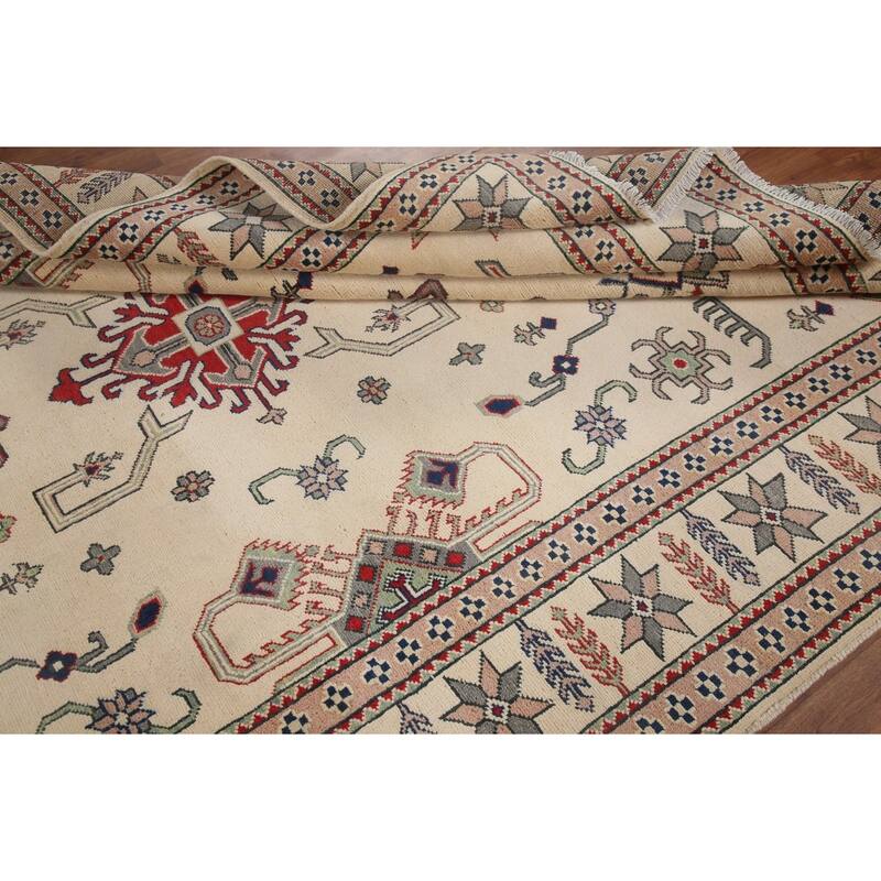 Hand Knotted Oriental 100% Wool Carpet Traditional Geometric Beige & Ivories Kazak Area Rug - 9' 7'' X 6' 7''