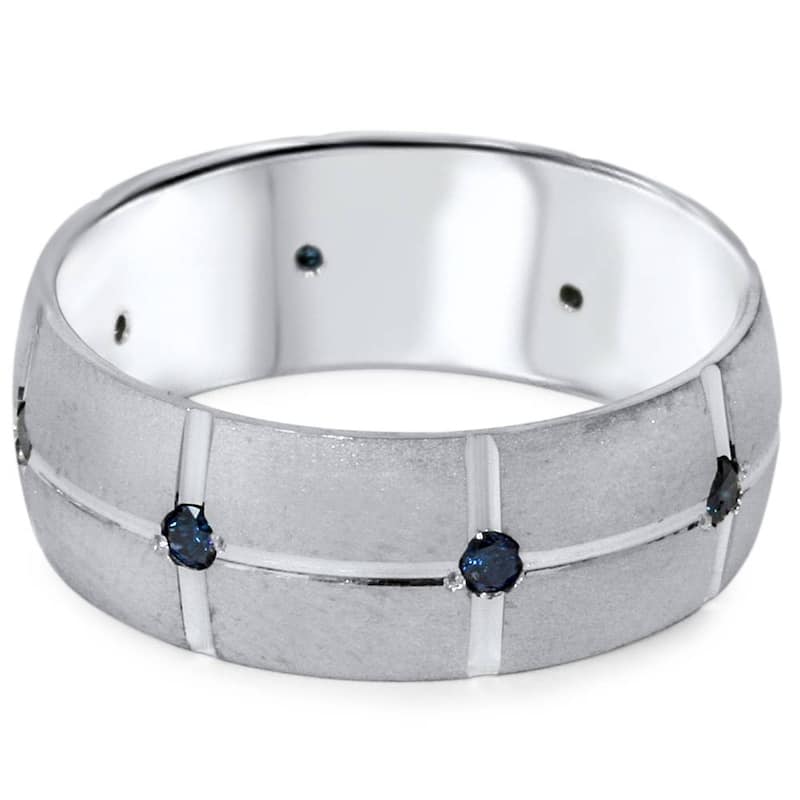 1/4ct Mens Blue Diamond Hand Carved Wedding Band White Gold 8mm