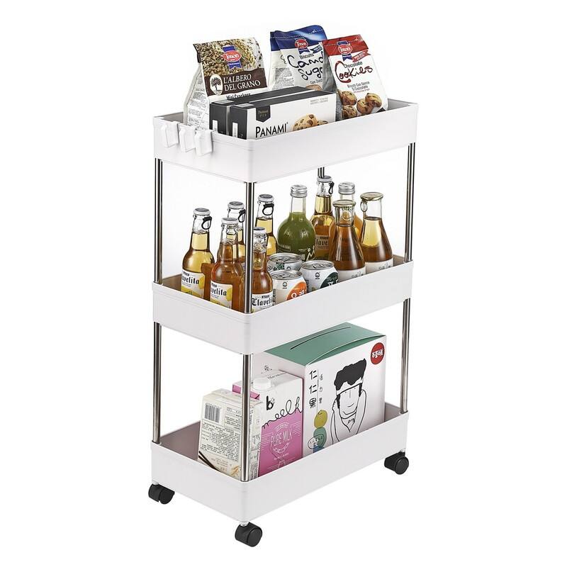 3-Layer Plastic and Stainless Steel Mobile Storage Cart for Kitchen, Bathroom, Narrow Place