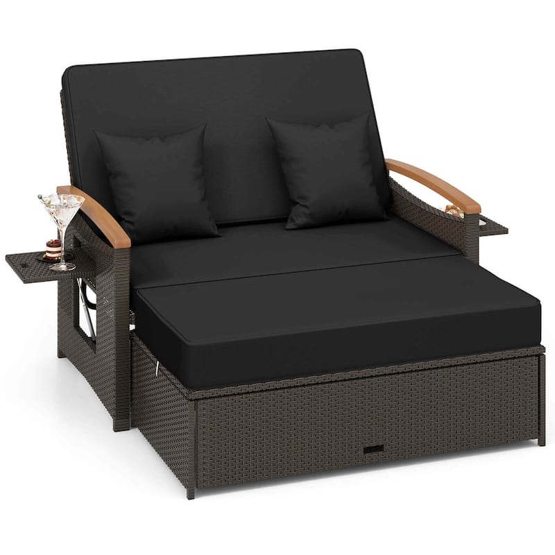 Patio Rattan Daybed Set with Cushioned Loveseat & Storage Ottoman - Black
