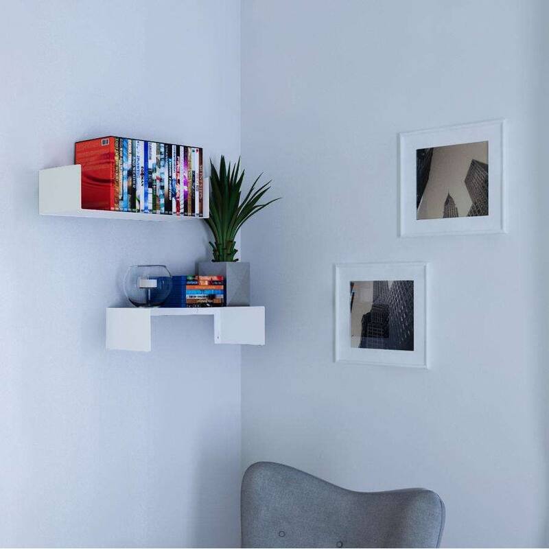 Wallniture Bali U Shape Floating Shelf, 17'' Metal Bookshelf, Wall Mount Shelving, White/Black options