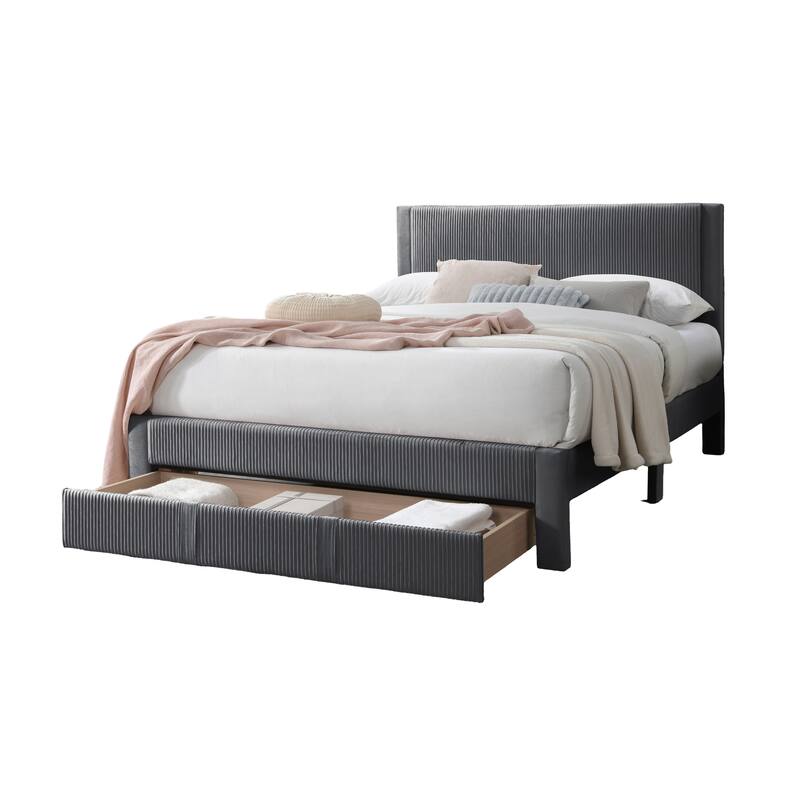 Queen Size Corduroy Platform Bed with Storage Drawer and Channel-Tufted Headboard and Contemporary Design