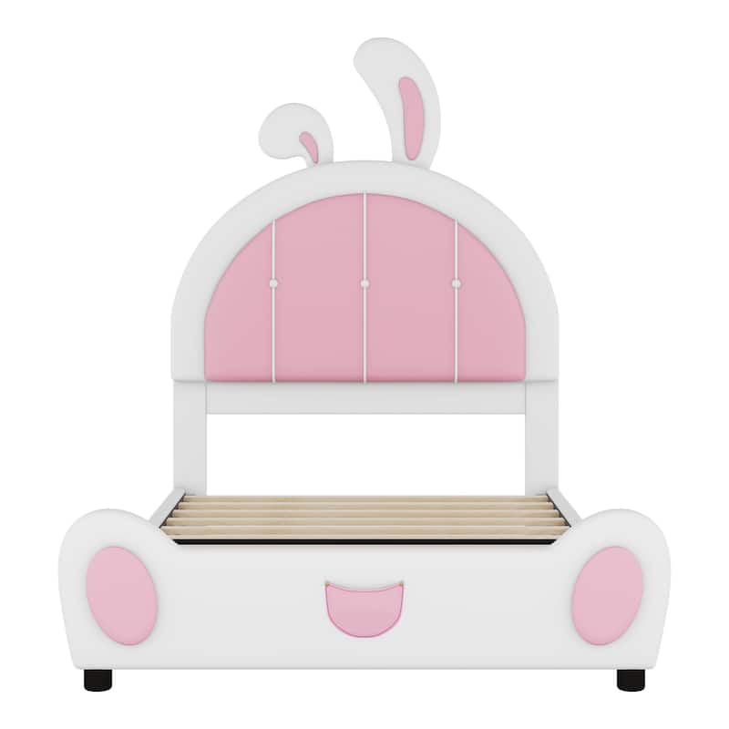 Upholstered Leather Bed Frame, Twin Size Platform Bed with Rabbit Shaped Headboard and Footboard for Bedroom, Study