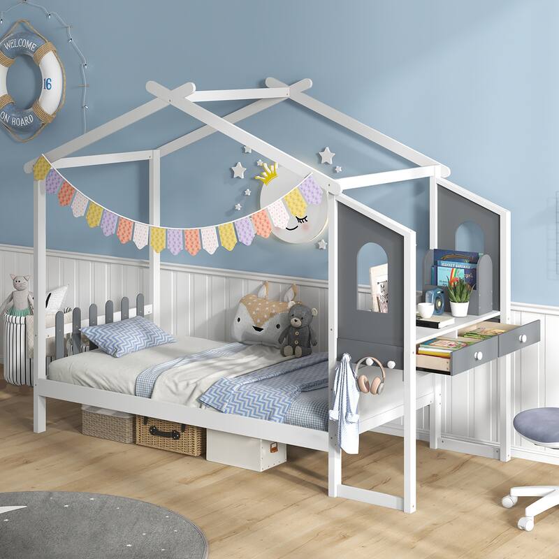 Gymax Twin Size Kids House Bed w/ Study Desk & Removable Box Drawers - White - Twin