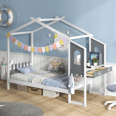 Gymax Twin Size Kids House Bed w/ Study Desk & Removable Box Drawers