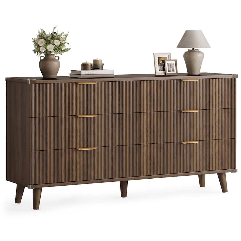 6 Drawer Dresser for Bedroom, 53" Wide Boho Fluted Dresser