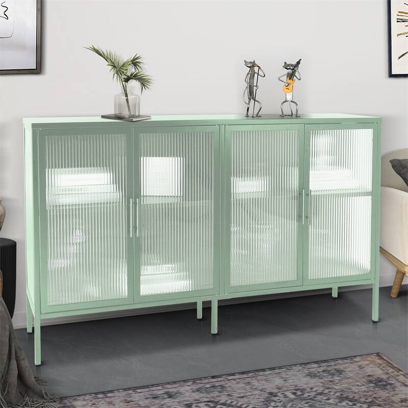 Stylish 4-Door Tempered Glass Cabinet, 4 Glass Doors Adjustable Shelf