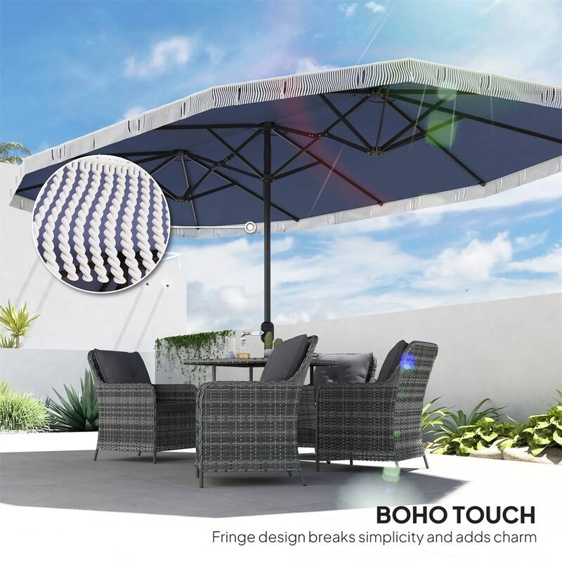 Large Double Rectangle Patio Umbrella with Crank Lift and UV Protection Steel Pole Fringe