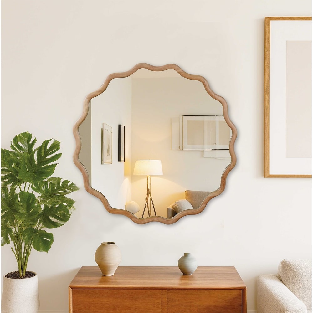 Wavy Round Solid Wood Frame Decorative Mirror Modern Farmhouse Wall Mirror For Bedroom Bathroom Living Room Entryway
