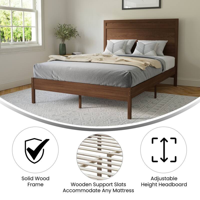 Modern Solid Wood Platform Bed with Headboard and Wooden Slats