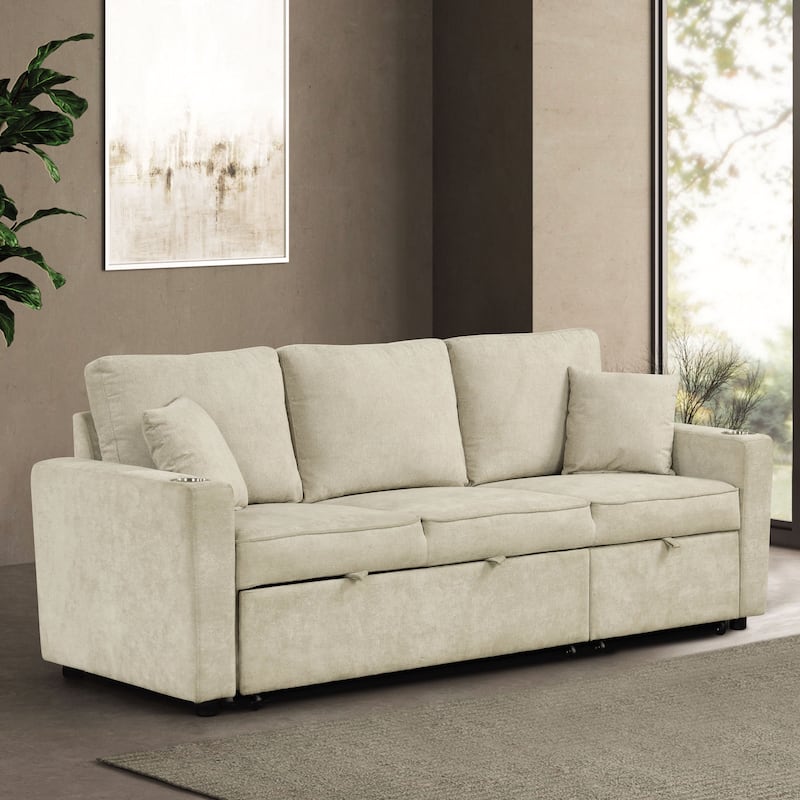 Furniture of America Durem Modern Space-Saving Sleeper Sofa Sectional with Cup Holders - Beige