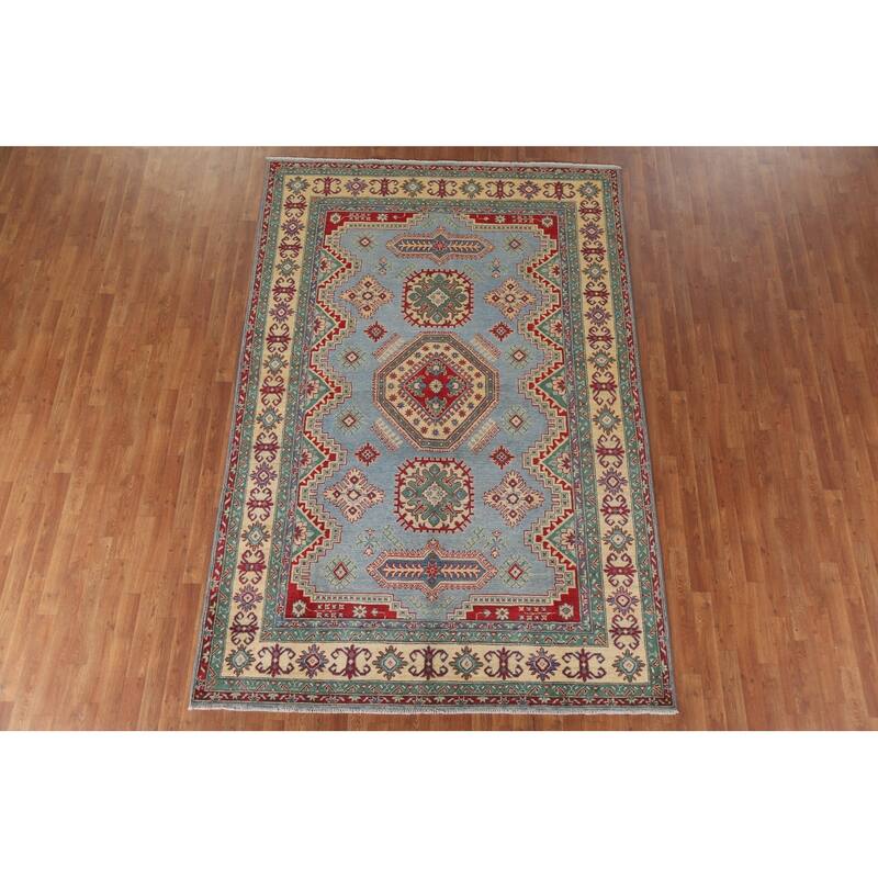 Hand Knotted Oriental 100% Wool Carpet Traditional Geometric Navy Blue & Blues Kazak Area Rug - 9' 9'' X 6' 6''
