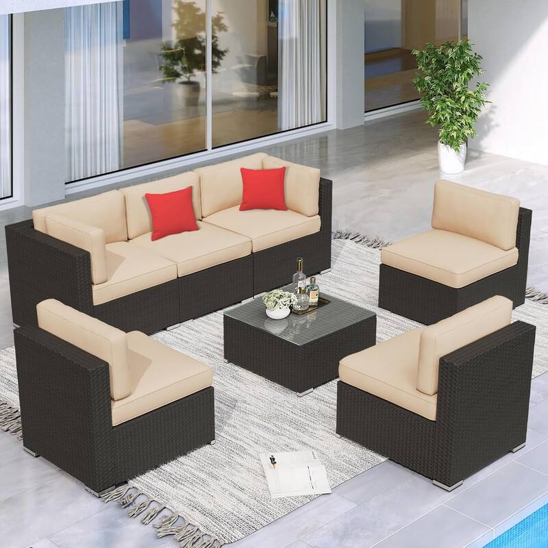 7 Piece Outdoor Patio Furniture Set Grey/Black Wicker Conversation Sectional Sofa Set with Coffee Table and Cushions