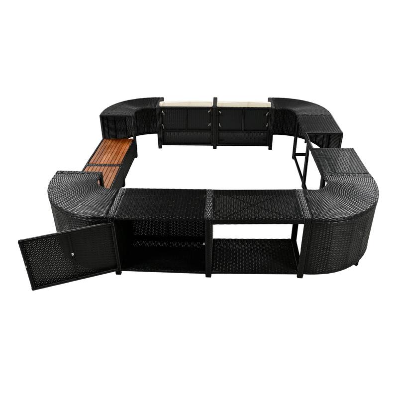 Outdoor Rattan Spa Frame Conversation Sofa Set with Storage & Wooden Bench