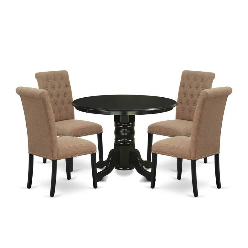 HomeStock 5-Piece Round Black Finish Solid Wood Top Dining Table with 4 Parson Chair with Lattice Back