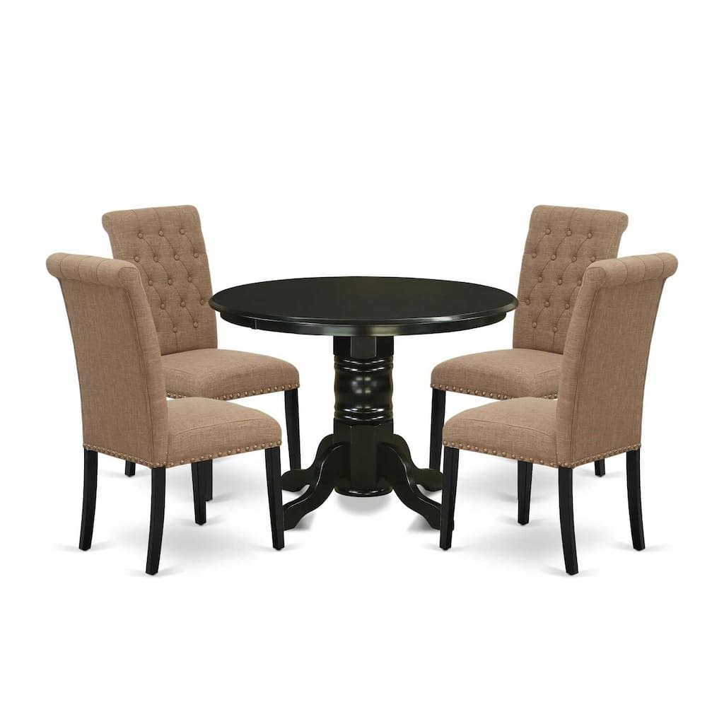 HomeStock 5-Piece Round Black Finish Solid Wood Top Dining Table with 4 Parson Chair with Lattice Back