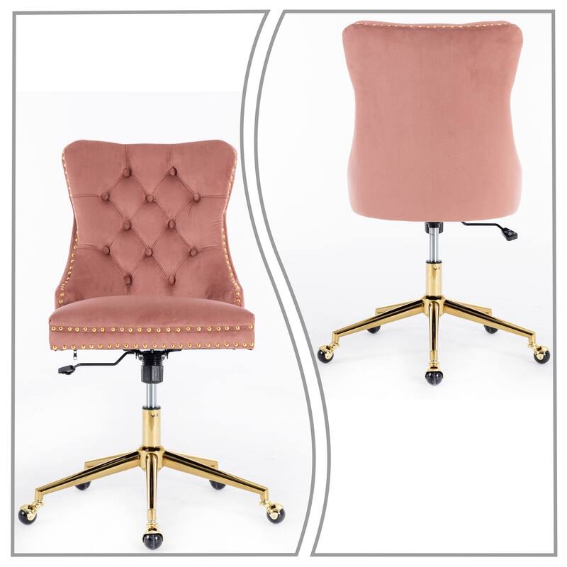 Elegant Luxurious Velvet Upholstered Office Chair with Wooden Frame and Gold Metal Base