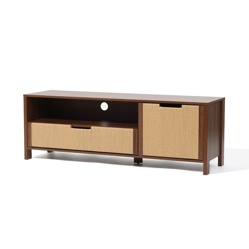 Walnut Finish MDF Wood with Rope Front TV Console with Storage - 18.9" H x 55.11" W x 15.75" D