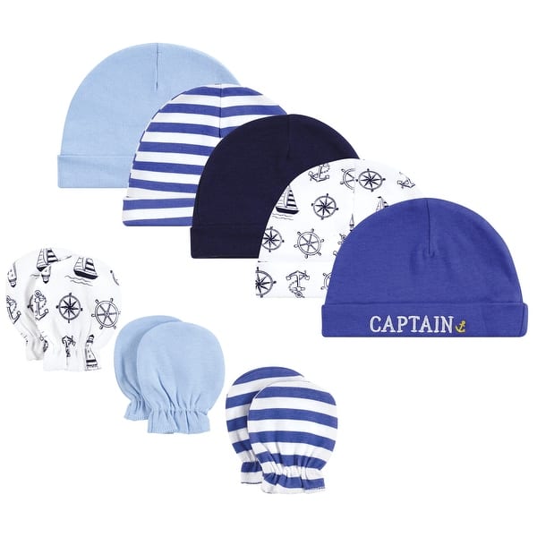 slide 1 of 1, Hudson Baby Boys Cotton Cap and Scratch Mitten Set, Captain, 0-6 Months - Captain 0-6 Months - Captain
