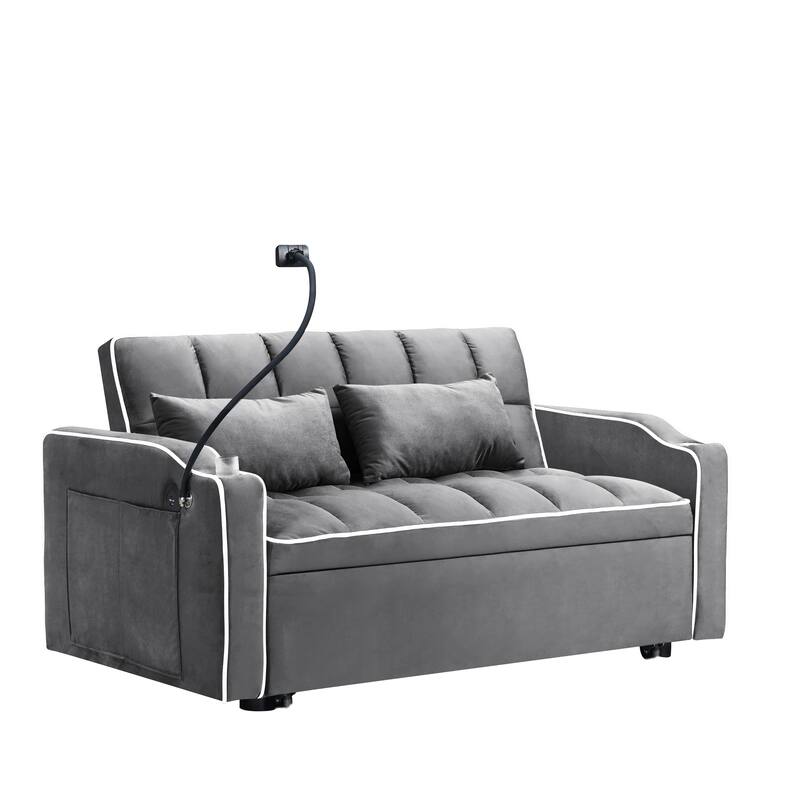 3 in 1 Convertible Sleeper Sofa Bed, Velvet Sleeper Bed with USB Port, Adjustable Backrest & Swivel Phone Stand