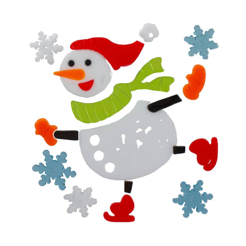 6-Piece Skating Snowman and Snowflakes Gel Christmas Window Clings - 7.75"