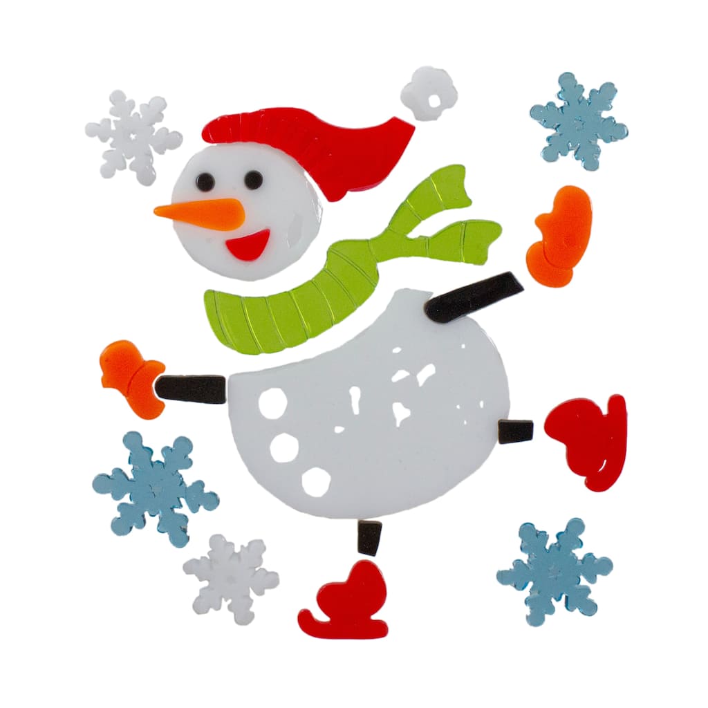6-Piece Skating Snowman and Snowflakes Gel Christmas Window Clings - 7.75"