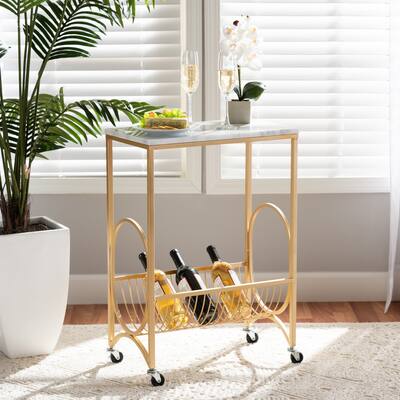 Jacek Modern and Contemporary Gold Metal Wine Cart with Marble Top
